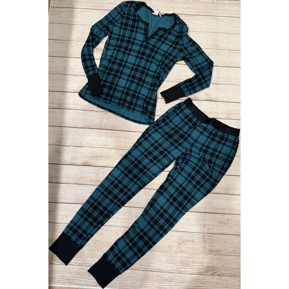 Victoria‘s Secret Henley Pajamas Pants Set Green Black Buffalo Plaid Size XS